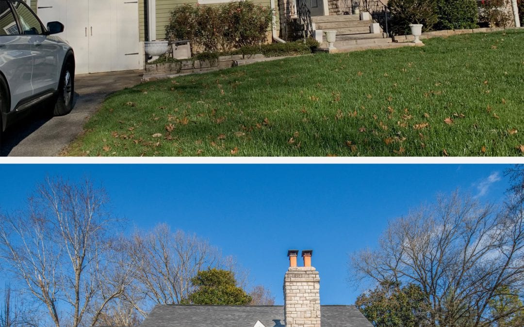 Two photos of the same house, brick with green siding